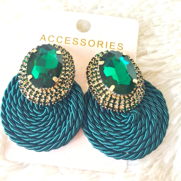 unbranded Jewelry - Big Rhinestone and Cord Earrings, Green/Emerald colour